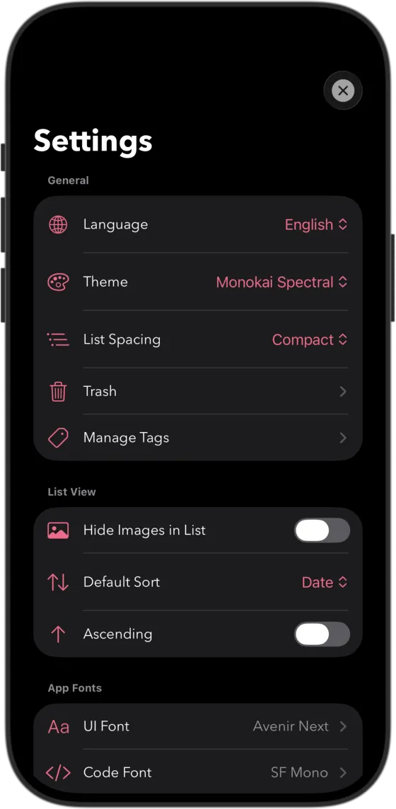 Listen Einstellungen dunkles Theme