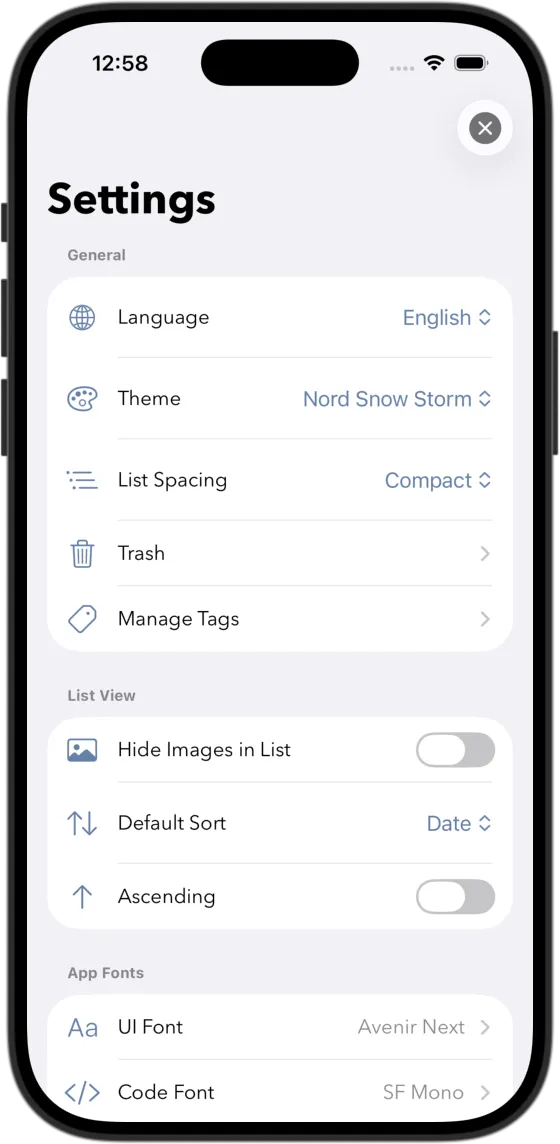 Listen Einstellungen helles Theme